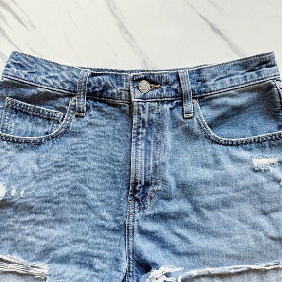 EUC Uniqlo Shorts Womens 25 Blue Denim Jean High Rise Cutoff Distressed Pockets - Picture 2 of 14